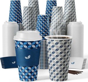 16 oz Coffee Cups with Lids 200 Pack, Disposable Hot Paper Coffee Cups with Lids, Sleeves and Stirrers for Thanksgiving, Christmas, Parties