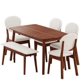 Rubberwood Dining Table Set, 1 Rectangular Table + 4 Upholstered Chairs + 1 Bench, Dark Walnut Finish with Beige Cushions, Detachable & Easy Asse
